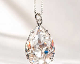 Clear Pear Shape Crystal Necklace on Sterling Silver - Bridal Jewelry - Wedding Jewelry
