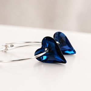 Navy blue heart earrings - navy blue earrings - Swarovski crystal - crystal earrings - hoop earrings - blue heart earrings -