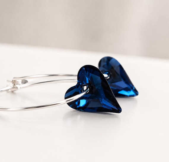 Navy blue heart earrings - navy blue earrings - Swarovski crystal - crystal earrings - hoop earrings - blue heart earrings -
