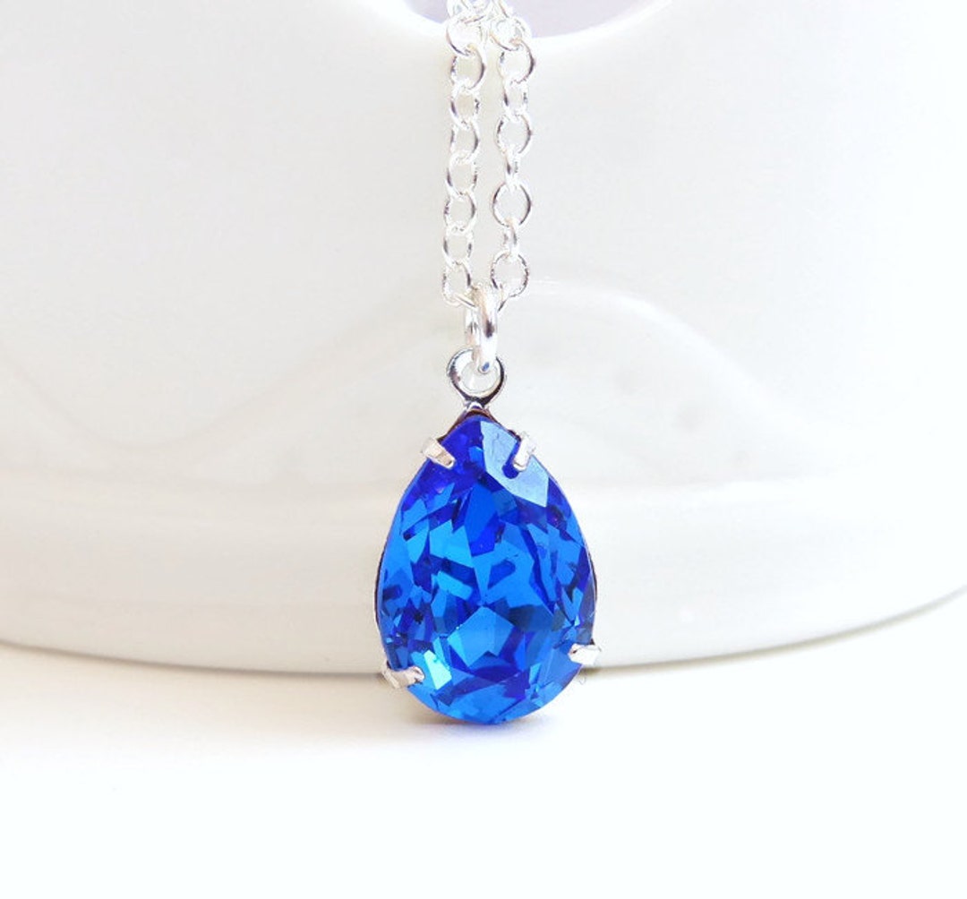 Vintage Sapphire Blue Crystal Teardrop Pear Pendant Bridal Etsy UK