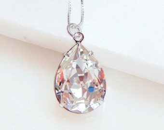 Clear Pear Shape Crystal Necklace on Sterling Silver - Bridal Jewelry - Wedding Jewelry