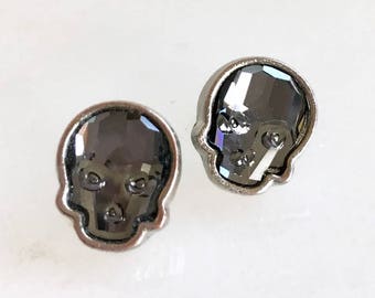 Silver crystal skull earrings - skull post earrings - skull stud earrings - Swarovski crystal skulls