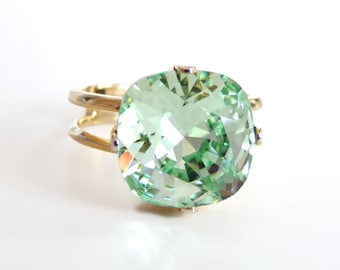 Mint green crystal ring - light green crystal - square stone ring - chrysolite