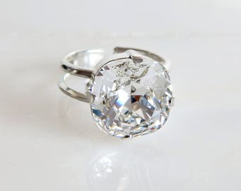 Clear crystal ring - Swarovski crystal - cushion cut - square crystal ring - clear ring