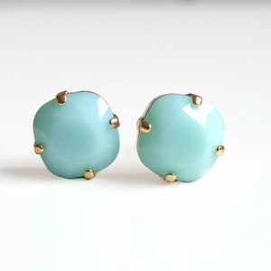 Mint Green Crystal Post Earring - Square Cushion Cut Earrings - made with Swarovski Crystal