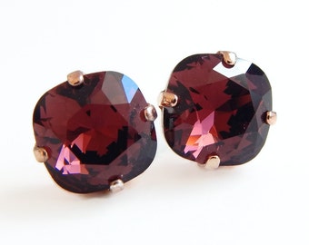 Marsala crystal earrings - square stone earrings - burgundy  earrings - Swarovski crystal - wine red