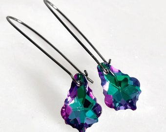 Electric Crystal Baroque Earrings on Gun Metal - Colorful Crystal - Rainbow - Crystal Dangle Earring