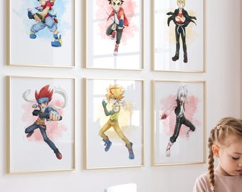 May include: Six framed art prints featuring colorful anime-style characters in action poses. The prints are displayed on a white wall. The text "DOWLOAD FULL SET 6" is visible. The text "I CAN CREATE CUSTOM DESIGNS BASED ON ANY CARTOON THEME OR YOUR OWN IDEAS!" is also visible.