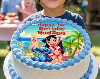 Personalized Lilo and Stitch Cake Topper: Hawaiian Birthday Party Decor (Digital Download)