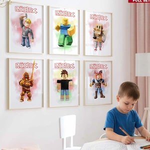 May include: Six framed Roblox character prints with the Roblox logo in red. The prints feature various characters in action poses. A young boy is drawing at a table with crayons. Text on the image says "I CAN CREATE CUSTOM DESIGNS BASED ON ANY CARTOON THEME OR YOUR OWN IDEAS!"