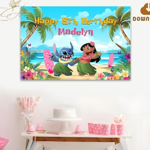 Sfondo digitale di Lilo e Stitch da scaricare, striscione di compleanno di Stitch stampabile, decorazioni fai da te per feste di bambini