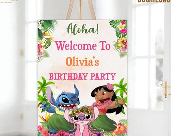 Lilo and Stitch Birthday Welcome Sign: Tropical Party Decor (Digital Download)