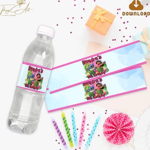 Etichette stampabili per bottiglie d'acqua di Lilo e Stitch, decorazioni digitali per feste di compleanno di Stitch e Lilo, bomboniere per bambini da scaricare