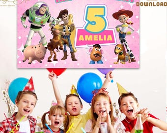 Toy Story Birthday Backdrop: Pink Party Banner, Girls Decor (Digital Download)