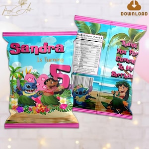 Sacchetto di patatine Lilo e Stitch stampabile, bomboniere digitali per feste di compleanno di Stitch e Lilo, articoli per feste di compleanno di Lilo e Angel