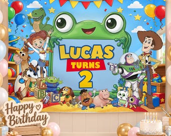 Décor de fête d'anniversaire Toy Story 5, bannière personnalisée avec nom et âge, toile de fond photo Toy Story personnalisée pour la décoration de fête d'anniversaire d'enfants