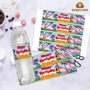 Printable Stitch and Lilo Birthday Waterbottle Labels, Custom Kids Birthday Digital Template, Birthday Party Decorations for Girls Download