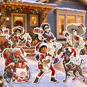 May include: A digital illustration featuring characters from the movie Coco dressed in Christmas attire, including a boy with a guitar, an elderly person in a wheelchair, a dog, and three skeletal figures, all set against a snowy house background.