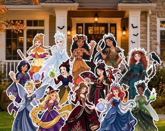 May include: A digital collection of cartoon princess illustrations dressed in various Halloween-themed costumes, including witch hats, capes, and autumn-colored gowns, featuring magical accessories like pumpkins, lanterns, and wands.