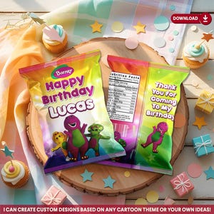 Digital Barney Chip Bag, Kids Birthday Party Decor Printable, Custom Party Favors Download, Purple Dinosaur and Friends