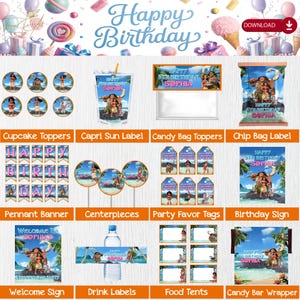 Peut inclure: Un ensemble de fournitures de f&ecirc;te sur le th&egrave;me tropical, comprenant des d&eacute;corations de cupcakes, des &eacute;tiquettes Capri Sun, des d&eacute;corations de sacs &agrave; bonbons, des &eacute;tiquettes de sacs &agrave; croustilles, une banni&egrave;re, des centres de table, des &eacute;tiquettes de cadeaux de f&ecirc;te, une enseigne d'anniversaire. Le texte "Happy Birthday" est visible.