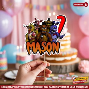 May include: A colorful cake topper featuring cartoon characters, the number 7, and the name "MASON". The characters are set against a blurred background with a cake. The topper is held by a wooden stick. Text on the image says "PNG DOWNLOAD" and "READY IN 12-24 BUSINESS HOURS".