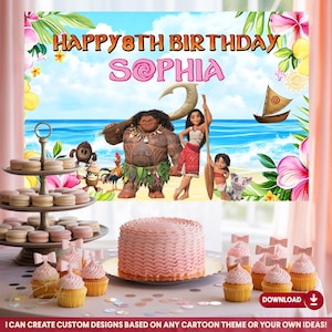 May include: A birthday party scene with a backdrop featuring characters from the animated film, Moana. The backdrop reads "Happy 8th Birthday Sophia." A pink cake and cupcakes with pink frosting and bows are on the table. The image also includes a tiered dessert stand with macarons.