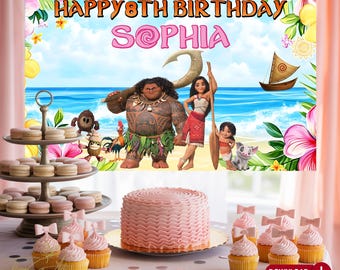 Fondo de cumpleaños personalizado de Moana: Decoración tropical (descarga digital, 183 x 122 cm)