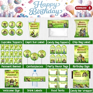 Shrek Birthday Party Bundle, Printable Decor Pack, Personalized Shrek Party Decorations, Birthday Party Decor for Kids