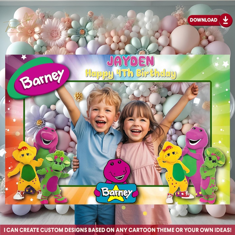 Barney Birthday Photo Booth Frame: Purple Dinosaur Party (digital ...