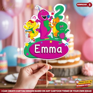 Barney Cake Topper Digital, Dinosaur Birthday Decoration, Personalized Cake Topper, Purple Dinosaur Party Supplies