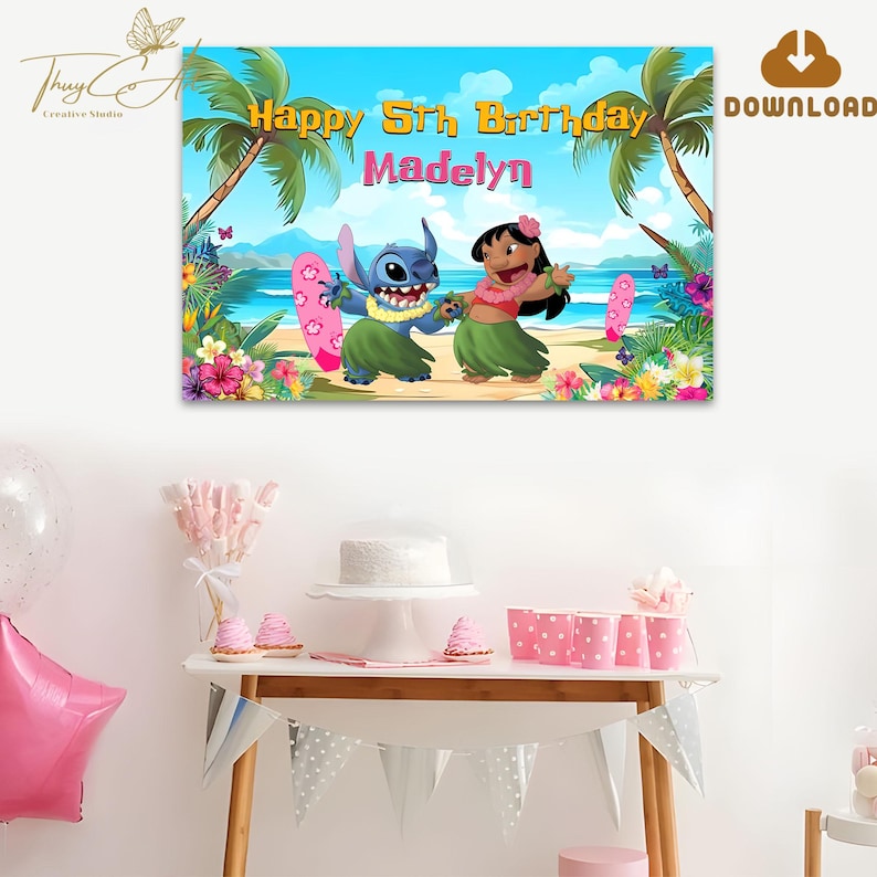 Lilo and Stitch Backdrop Digital Download, Stitch Birthday Banner Printable, Kids Party Decorations Diy