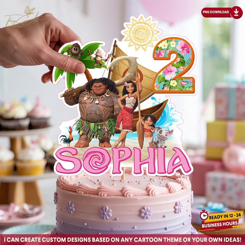 May include: A custom cake topper featuring characters from the animated film, Moana. The topper includes the number "2" decorated with flowers, the name "Sophia", and various character cutouts. The cake is decorated with pink frosting and floral accents.
