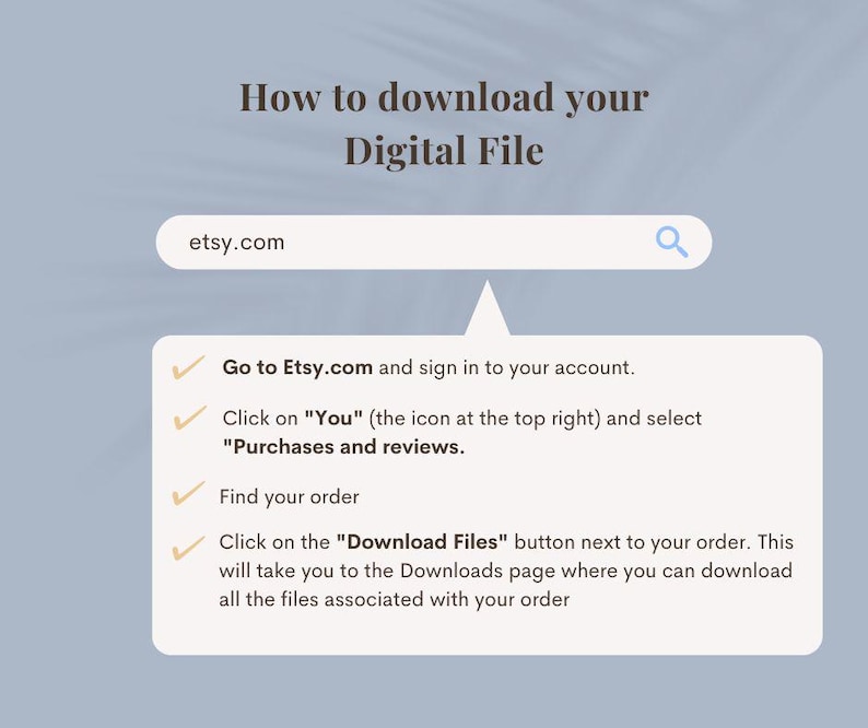 Peut inclure: Graphique bleu clair avec des instructions pour t&eacute;l&eacute;charger un fichier num&eacute;rique sur Etsy. Le texte explique comment se connecter, trouver la commande et cliquer sur le bouton "T&eacute;l&eacute;charger les fichiers". L'adresse du site Web Etsy est &eacute;galement affich&eacute;e.