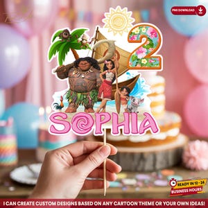 Printable Moana Cake Topper, Custom Name and Age Party Decoration, Tropical Ocean Theme Birthday Digital Download File