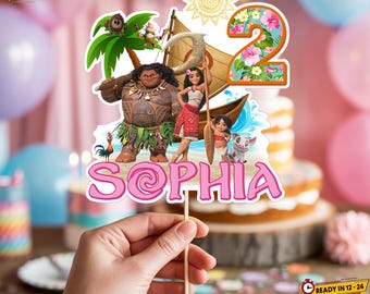 パーソナライズされたモアナケーキトッパー：トロピカルバースデーパーティーデコレーション（デジタルダウンロード）