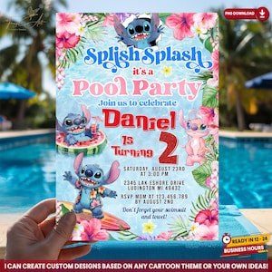 Faire-part modifiable Lilo et Stitch, Invitation d'anniversaire pour enfants Stitch, fille Png Lilo et Stitch, Invitation imprimable d'anniversaire à la piscine