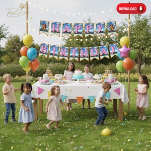 May include: A festive outdoor birthday party scene with a banner that reads "Happy Birthday." Colorful balloons, a decorated table with treats, and children playing on the grass create a joyful atmosphere. The banner has a tropical theme.