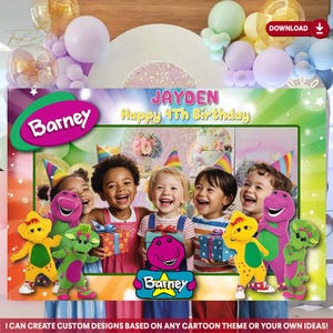 Barney Photo Booth Frame Digital, dekoracja na przyjęcie urodzinowe dla dzieci do pobrania, fioletowy projekt przyjęcia z dinozaurem