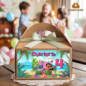May include: A brown cardboard party favor box with a light green ribbon and bow. The box features a colorful label with the text "Charlotte Is Turning 4" and a tropical beach scene with cartoon characters.