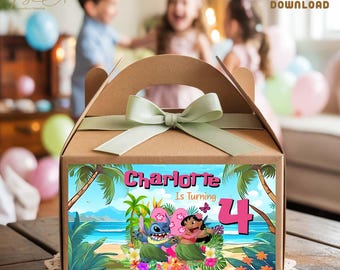 Personalized Lilo & Stitch Gable Box Label: Hawaiian Party Decor (Digital Download)