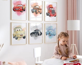 Impressions d'art aquarelle Cars Disney : décoration de chambre d'enfant Pixar (téléchargement numérique, lot de 9)