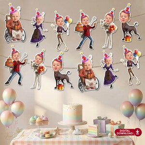 May include: A festive birthday-themed digital download featuring cartoon cutouts of a child in various poses, wearing a party hat. The cutouts are strung together with a string. The scene includes balloons, a cake, cupcakes, and gifts.