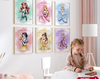 Watercolor Princess Prints, Girls Room Decor (Set of 10 Digital Prints)