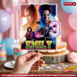 May include: A custom cake topper featuring a colorful design with the name "EMILY" and the number "3". The topper includes images of characters from a show, with the text "PNG DOWNLOAD" and "READY IN 12-24 BUSINESS HOURS". The bottom text reads "I CAN CREATE CUSTOM DESIGNS BASED ON ANY CARTOON THEME OR YOUR OWN IDEAS!"