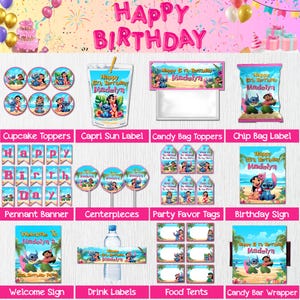 May include: A selection of party decorations with a pink and blue theme, with the text "Happy Birthday Madelyn." Includes cupcake toppers, Capri Sun labels, candy bag toppers, chip bag labels, a pennant banner, centerpieces, party favour tags, a birthday sign, a welcome sign, drink labels, food tents, and a candy bar wrapper.