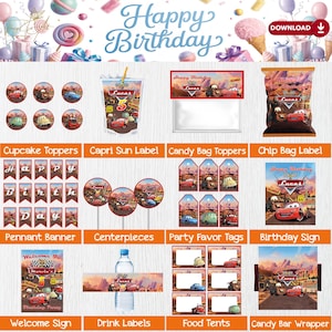 Disney Cars Party Printables Package, Digital Birthday Decoration Kit for Boys, Race Track Party Supplies, Racing Car Birthday Download File