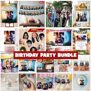 Op de afbeelding: Een verzameling verjaardagsfeestdecoraties en benodigdheden, waaronder banners, taarttoppers, uitnodigingen en feestartikelen. Het thema bevat personages uit een film. De tekst "BIRTHDAY PARTY BUNDLE" wordt weergegeven in een rode banner.