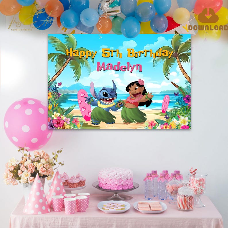 Lilo and Stitch Backdrop Digital Download, Stitch Birthday Banner Printable, Kids Party Decorations Diy