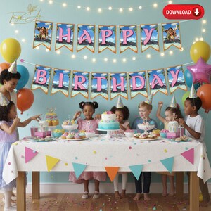 May include: A festive birthday party scene with a banner that reads "Happy Birthday." The banner has pink letters and tropical imagery. Children are gathered around a table with a cake, balloons, and party hats.